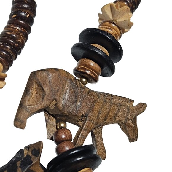 Handmade African Safari Wooden Zebra Giraffe Beaded Necklace Hand Carved Animal - Picture 6 of 7